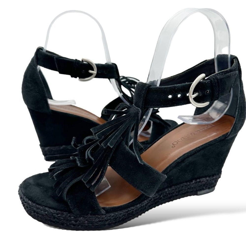 KAYA Bernardo Black Suede Tassel Fringe Wedge Espadrille Sandal Boho Sz 8 casual